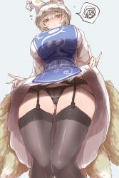 Rule 34 | 1girl, animal hat, black panties, black thighhighs, blonde hair, blush, breasts, cameltoe, clothes lift, commentary request, dress, dress lift, fox shadow puppet, from below, garter belt, gluteal fold, hat, highres, kaizu (kaizukurodai), large breasts, lifted by self, looking at viewer, mob cap, ofuda, panties, simple background, solo, spoken squiggle, squiggle, standing, tabard, thighhighs, touhou, underwear, white dress, white hat, yakumo ran, yellow eyes