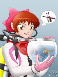 Rule 34 | 1girl, :p, bodysuit, bow, brown eyes, chopsticks, diving suit, fish, gegege no kitarou, gloves, hair ornament, helmet, hungry, licking lips, nekomusume, original, red hair, scuba, short hair, smile, solo, soy sauce, thought bubble, toei animation, tongue, tongue out, uzushio (uzusio), water, wetsuit