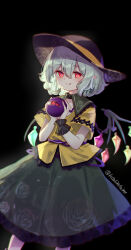 Rule 34 | 1girl, absurdres, alternate eye color, black hat, closed mouth, commentary request, crystal, eyeball, fang, floral print, frilled shirt collar, frills, green hair, green skirt, hat, highres, komeiji koishi, kutabiretainu, light blush, looking at viewer, multicolored wings, partial commentary, pointy ears, print skirt, red eyes, rose print, shirt, short hair, short sleeves, single wrist cuff, skirt, slit pupils, smile, solo, third eye, touhou, twitter username, vampire, wings, wrist cuffs, yellow shirt