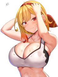 Rule 34 | 1girl, armpits, arms up, blonde hair, bow, bra, breasts, cleavage, closed mouth, collarbone, commentary, english commentary, gradient hair, hair bow, highres, hololive, hololive indonesia, kaela kovalskia, large breasts, long hair, looking at viewer, midriff, multicolored hair, orange hair, red bow, red eyes, short hair, signature, simple background, skindentation, solo, sports bra, sportswear, sweat, underwear, underwear only, upper body, virtual youtuber, white background, white bra, white sports bra, yua (argaoffroad)