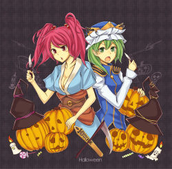 Rule 34 | 2girls, breasts, candle, cleavage, female focus, green eyes, green hair, hair bobbles, hair ornament, hat, jack-o&#039;-lantern, kiyuren, knife, large breasts, multiple girls, onozuka komachi, pumpkin, red eyes, red hair, rod of remorse, scythe, shiki eiki, short hair, touhou, twintails, two side up, witch hat