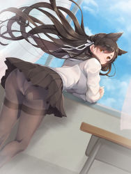 Rule 34 | 1girl, animal ears, ass, atago (azur lane), atago (school traumerei) (azur lane), azur lane, black hair, black sailor collar, black skirt, blue sky, brown eyes, brown pantyhose, cat ears, closed mouth, cloud, commentary request, curtains, day, desk, dutch angle, extra ears, fingernails, hair between eyes, hair ribbon, highres, indoors, koflif, leaning forward, light smile, long hair, long sleeves, looking at viewer, looking back, mole, mole under eye, panties, panties under pantyhose, pantyhose, pleated skirt, ribbon, sailor collar, school desk, school uniform, serafuku, shirt, skirt, sky, solo, thighband pantyhose, thighs, underwear, very long hair, white panties, white ribbon, white shirt, wind, window