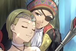 Rule 34 | 1boy, 1girl, black jacket, blonde hair, blue eyes, camus (dq11), choker, closed eyes, closed mouth, collarbone, commentary request, dragon quest, dragon quest xi, eyepatch, hairband, holding, jacket, jewelry, mondi hl, necklace, official alternate costume, portrait, red hairband, senya (dq11), short hair, smile, square enix, staff, tiara, tree, upper body, white choker