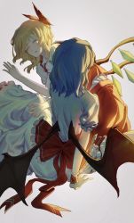 Rule 34 | 2girls, back bow, bat wings, blonde hair, blue hair, bow, chinese commentary, collared shirt, commentary request, crystal, dress, e (you33ou), closed eyes, flandre scarlet, grey background, hair bow, highres, lying, medium hair, multiple girls, on side, parted lips, pointy ears, puffy short sleeves, puffy sleeves, red bow, red skirt, red vest, remilia scarlet, shirt, short sleeves, siblings, simple background, sisters, sitting, skirt, skirt set, sleeping, touhou, vest, white dress, white shirt, wings, wrist cuffs