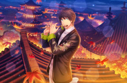 Rule 34 | 1boy, aijima cecil, architecture, black jacket, blue eyes, brown hair, checkered clothes, chinese clothes, cowboy shot, dark-skinned male, dark skin, dragon print, earrings, east asian architecture, falling leaves, flute, game cg, highres, holding, holding instrument, instrument, jacket, jewelry, leaf, lens flare, light particles, looking at viewer, maple leaf, music, night, night sky, official art, on roof, pants, playing instrument, shirt, short hair, single earring, sky, standing, tangzhuang, tassel, tassel earrings, third-party source, tree, uta no prince-sama, uta no prince-sama: shining live, white pants, white shirt