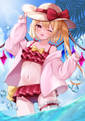 Rule 34 | 1girl, absurdres, alternate costume, bikini, blonde hair, blue sky, blush, bow, bow bikini, bridal garter, cloud, cloudy sky, collarbone, commentary request, crystal, day, fang, flandre scarlet, frilled bikini, frills, hat, hat bow, highres, jacket, legwear garter, long sleeves, looking at viewer, midriff, multicolored wings, naarsann, navel, one eye closed, open clothes, open jacket, open mouth, palm leaf, pink jacket, pointy ears, red bikini, red bow, red eyes, short hair with long locks, side ponytail, single legwear garter, sky, smile, solo, sparkle, straw hat, swimsuit, touhou, water, wings, yellow bow