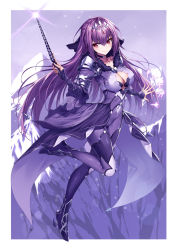Rule 34 | 1girl, armored boots, bodysuit, boots, brooch, cleavage cutout, clothing cutout, covered erect nipples, fate/grand order, fate (series), fur trim, hair between eyes, headpiece, heart, heirou, holding, holding wand, jewelry, leg up, looking at viewer, mountain, outdoors, purple bodysuit, purple hair, red eyes, runes, scathach (fate), scathach skadi (fate), scathach skadi (second ascension) (fate), smile, tiara, wand