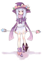 Rule 34 | 1girl, belt, black cat, blue hair, blush, boots, bow, cat, character request, fantasy earth zero, floral print, flower, full body, hat, hat flower, highres, konatsu miyu, long hair, long sleeves, looking at viewer, pink bow, pom pom (clothes), purple eyes, scarf, simple background, solo, staff, white background, witch hat
