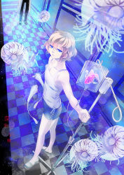Rule 34 | 1girl, blonde hair, blue eyes, blue theme, checkered floor, fish, floor, holding, intravenous drip, original, paprikashinshi, skirt, solo, standing, surreal, tank top, translation request