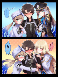 Rule 34 | !, ..., 2koma, 3boys, :d, :o, ^ ^, absurdres, adjusting clothes, adjusting headwear, anchor symbol, arm hug, black border, black gloves, black headwear, black jacket, black shirt, blonde hair, blue background, blue bow, blue bowtie, blue hair, blush, border, bow, bowtie, brown hair, captain nemo (fate), closed eyes, closed mouth, collarbone, comic, commentary request, double arm hug, dual persona, facing viewer, fate/grand order, fate/grand order arcade, fate (series), fringe trim, fujimaru ritsuka (male), fujimaru ritsuka (male) (polar chaldea uniform), gloves, gradient background, gradient hair, green eyes, grey headwear, grey jacket, grey shirt, hair between eyes, hair tubes, hand up, hands on another&#039;s shoulders, hands up, hat, hat feather, heart, highres, hug, jacket, long hair, long sleeves, looking at another, looking away, low twintails, male focus, military, military uniform, multicolored hair, multiple boys, naval uniform, nemo (fate), noah (fate), nose blush, open mouth, orange background, outline, peaked cap, polka dot, polka dot background, ponytail, shell ocean, shirt, sidelocks, smile, spoken ellipsis, spoken exclamation mark, spoken heart, sweatdrop, thumbs up, turban, twintails, uniform, white gloves, white outline, white shirt, yaoi