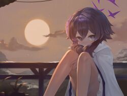 Rule 34 | 1girl, blue archive, blush, closed mouth, commentary, dokomon, feet out of frame, full moon, hair between eyes, hairband, halo, haruka (blue archive), highres, korean commentary, light smile, looking at viewer, moon, outdoors, purple eyes, purple hair, purple hairband, purple halo, solo
