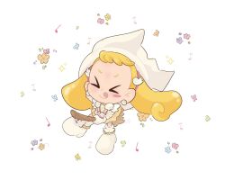Rule 34 | &gt; &lt;, 1girl, angyreimi, blonde hair, blue flower, blush, broom, broom riding, chibi, closed eyes, closed mouth, commentary, dress, english commentary, floral background, flower, full body, gloves, hat, highres, holding, holding broom, long hair, magical girl, makihatayama hana, musical note, ojamajo doremi, orange flower, pink flower, pointy footwear, pointy hat, purple flower, short bangs, smile, solo, tongue, tongue out, twintails, very long hair, white background, white dress, white gloves, white hat, wing hair ornament