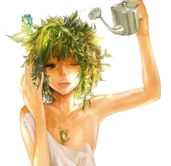 Rule 34 | androgynous, arm up, bad id, bad pixiv id, collarbone, frog, gender request, green hair, highres, monster girl, one eye closed, open mouth, original, plant, plant girl, purple eyes, reverse trap, short hair, simple background, solo, tcb, topless, upper body, water, watering can, wet, wink