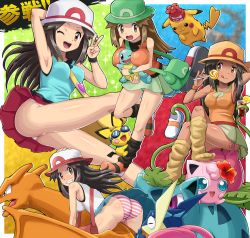 Rule 34 | 4girls, :q, ;d, angry, arm behind head, arm up, armpits, ass, bag, bare legs, bare shoulders, between breasts, black hair, black legwear, blue skirt, breast smother, breasts, brown eyes, brown hair, candy, charizard, clenched teeth, creatures (company), crossed legs, cup, dark-skinned female, dark skin, drink, drinking glass, face to breasts, female focus, flower, flying, food, fruit, game freak, gen 1 pokemon, gen 2 pokemon, gen 6 pokemon, green hat, green panties, green skirt, greninja, grey skirt, hand on headwear, happy, hat, hibiscus, horizontal-striped panties, ice, impossible clothes, impossible shirt, ivysaur, jigglypuff, leaf (pokemon), legs, lemon, lemon slice, lollipop, long hair, looking at another, looking at viewer, looking back, loose socks, medium breasts, miniskirt, multiple girls, multiple persona, nintendo, one eye closed, open mouth, panties, pantyshot, pervert, pichu, pikachu, pleated skirt, pokemoa, pokemon, pokemon (creature), pokemon frlg, porkpie hat, red skirt, riding, riding pokemon, shiny skin, shirt, shoes, sitting, skirt, sleeveless, sleeveless shirt, smile, smoke, socks, squirtle, standing, striped clothes, striped panties, super smash bros., sweatdrop, teeth, tongue, tongue out, underwear, unworn shoes, v, white hat, white headwear, wristband, yellow hat, yellow legwear