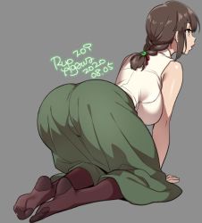 Rule 34 | 1girl, 2020, agawa ryou, artist name, ass, braid, breasts, brown eyes, brown hair, brown legwear, dated, from behind, green skirt, grey background, large breasts, long hair, long skirt, original, parted lips, shirt, signature, simple background, skirt, sleeveless, sleeveless shirt, solo