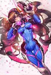 Rule 34 | 1girl, absurdres, andres blanco, animal print, blue bodysuit, bodysuit, breasts, blowing bubbles, chewing gum, commentary, d.va (overwatch), english commentary, facepaint, facial mark, gun, handgun, headphones, high collar, highres, holding, holding gun, holding weapon, long hair, medium breasts, nose, overwatch, overwatch 1, pilot suit, pink lips, pistol, rabbit print, ribbed bodysuit, shoulder pads, skin tight, solo, swept bangs, thigh gap, very long hair, weapon, whisker markings