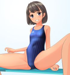 Rule 34 | 1girl, absurdres, bench, black hair, blue background, blue eyes, blue one-piece swimsuit, bob cut, breasts, clothes writing, commentary request, competition swimsuit, covered navel, grin, highleg, highleg swimsuit, highres, logo, looking at viewer, mizuno (brand), mole, mole under eye, one-piece swimsuit, original, short hair, sitting, small breasts, smile, solo, spread legs, striped clothes, striped one-piece swimsuit, swimsuit, takafumi, tan