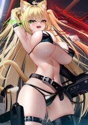 Rule 34 | 1girl, :3, ahoge, animal ears, arm behind head, arm belt, arm up, armpits, bell, belt, bikini, black bikini, black thighhighs, blonde hair, blush, bouncing breasts, bow, breasts, cat ears, cat tail, cleavage, covered erect nipples, cowboy shot, ear bell, elbow gloves, eye trail, from below, gloves, gluteal fold, green eyes, gun, hair between eyes, heterochromia, highres, id card, jingle bell, lanyard, large breasts, light trail, linea alba, long hair, looking at viewer, loose belt, mepurin (scarlet59833), micro bikini, narrow waist, navel, open mouth, original, pouch, rifle, shiny clothes, sideboob, single glove, single thighhigh, skindentation, smile, solo, strap gap, swimsuit, tail, tail bell, tail bow, tail ornament, thick eyelashes, thigh belt, thigh pouch, thigh strap, thighhighs, thighs, tsurime, twintails, two side up, underboob, very long hair, weapon, yellow eyes