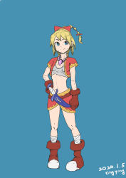 Rule 34 | 1girl, absurdres, bandages, blonde hair, blue background, blue eyes, boots, breasts, brown gloves, chrono cross, closed mouth, commentary, dated, english commentary, facial mark, full body, gloves, hand on own hip, high ponytail, highres, jewelry, kid (chrono cross), long hair, looking at viewer, medium breasts, midriff, multi-tied hair, navel, necklace, ponytail, signature, skirt, smile, solo, standing, tingying530, vest