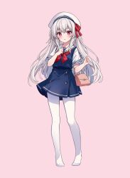 Rule 34 | 1girl, bag, beret, blue dress, blush, bow, clara (honkai: star rail), dress, full body, hair between eyes, handbag, hands up, hat, hat bow, highres, hitsukuya, honkai: star rail, honkai (series), long hair, looking at viewer, neckerchief, no shoes, pantyhose, parted lips, pink background, pleated dress, red bow, red eyes, red neckerchief, sailor collar, sailor dress, short sleeves, simple background, sleeveless, sleeveless dress, solo, standing, very long hair, white hair, white hat, white pantyhose, white sailor collar