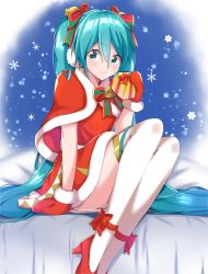 Rule 34 | 1girl, aqua eyes, aqua hair, bell, bow, christmas, gift, hair bell, hair between eyes, hair bow, hair ornament, hatsune miku, highres, long hair, mittens, panties, pantyshot, red mittens, red skirt, sitting, skirt, smile, snowflakes, snowing, solo, supo01, thighhighs, twintails, underwear, very long hair, vocaloid, white panties, white thighhighs