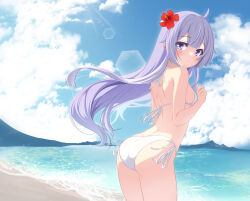 Rule 34 | 1girl, ahoge, alternate costume, ass, azur lane, back, bare arms, bare shoulders, bikini, blue sky, blush, breasts, closed mouth, cloud, commentary request, day, flower, from behind, hair flower, hair ornament, halterneck, highres, long hair, ocean, outdoors, purple eyes, purple hair, shore, shoulder blades, side-tie bikini bottom, sky, small breasts, smile, solo, string bikini, sukireto, sunlight, swimsuit, unicorn (azur lane), very long hair, white bikini