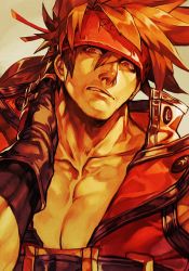 Rule 34 | 1boy, belt, brown eyes, brown hair, collarbone, fingerless gloves, gloves, grey background, guilty gear, guilty gear xrd, headband, hungry clicker, jacket, male focus, muscular, pectorals, red jacket, shading, simple background, sol badguy, solo, upper body