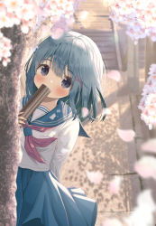 Rule 34 | 1girl, blue eyes, blue hair, blue sailor collar, blue skirt, blurry, blurry background, blurry foreground, blush, commentary request, covered mouth, day, depth of field, flower, hair between eyes, hair ornament, highres, leaning to the side, long hair, looking at viewer, mimikaki (men bow), neckerchief, original, outdoors, petals, pink flower, pleated skirt, red neckerchief, sailor collar, school uniform, serafuku, shirt, skirt, solo, stairs, stone stairs, tree, tube, white shirt, x hair ornament