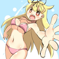 Rule 34 | 10s, 1girl, bad id, bad pixiv id, bikini, blonde hair, blush, bouncing breasts, breasts, cleavage, fang, foreshortening, hair flaps, hair ribbon, kantai collection, long hair, navel, open mouth, red eyes, ribbon, solo, swimsuit, u-non (annon&#039;an), yuudachi (kancolle)