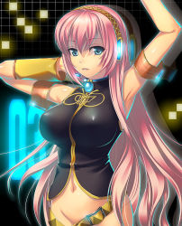 Rule 34 | 1girl, armpits, arms up, bad id, bad pixiv id, blue eyes, bottomless, breasts, headset, isobe, large breasts, long hair, megurine luka, no panties, pink hair, solo, vocaloid