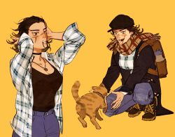 Rule 34 | 1girl, animal, arms up, backpack, bag, blue pants, breasts, brown bag, brown coat, brown eyes, brown footwear, brown hair, brown headwear, cat, chengongzi123, cleavage, coat, commentary, denim, full body, genderswap, genderswap (mtf), golden kamuy, hat, highres, jeans, jewelry, large breasts, long sleeves, looking at animal, mouth hold, multiple views, necklace, open mouth, pants, pendant, plaid, plaid scarf, plaid shirt, rubber band, scar, scar on face, scarf, shirt, shoes, short hair, simple background, sneakers, squatting, sugimoto saichi, symbol-only commentary, tying hair, upper body, yellow background
