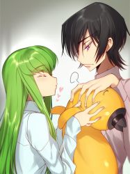 Rule 34 | 1boy, 1girl, black hair, black hat, blue shirt, blush, c.c., cheese-kun, closed eyes, closed mouth, code geass, couple, creayus, expressionless, fingernails, from side, gradient background, green hair, hat, heart, height difference, hetero, holding, jealous, lelouch vi britannia, long hair, long sleeves, pouty lips, purple eyes, shirt, short hair, sidelocks, sleeves past wrists, straight hair, upper body