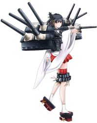 Rule 34 | 1girl, arm behind back, black hair, cannon, closed mouth, detached sleeves, from side, full body, hair ornament, hull shoes, japanese clothes, kantai collection, kanzashi, kimono, legs, light smile, looking at viewer, miniskirt, nontraditional miko, outstretched hand, red eyes, rigging, rikka (rikka331), sandals, short hair, skirt, solo, tabi, tassel, thigh strap, transparent background, turret, walking, wide sleeves, yamashiro (kancolle)