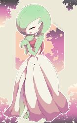 Rule 34 | 1girl, ^ ^, artist name, blush, bob cut, closed eyes, colored skin, creatures (company), female focus, flat chest, full body, game freak, gardevoir, gen 3 pokemon, green hair, green skin, hair over one eye, hand on own chest, hands up, happy, highres, multicolored skin, nintendo, one eye covered, open mouth, outline, pokemon, pokemon (creature), poppiina, short hair, sideways mouth, smile, solo, standing, twitter username, two-tone skin, watermark, white outline, white skin