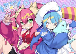Rule 34 | 2girls, bare shoulders, bike shorts, black shorts, blue eyes, blue hair, blush stickers, breasts, cleavage, cleavage cutout, closed mouth, clothing cutout, cropped vest, duel monster, elis 120, green eyes, grin, hair ornament, holding, holding stuffed toy, jacket, ki-sikil (yu-gi-oh!), lil-la (yu-gi-oh!), live twin, live twin ki-sikil, live twin lil-la, logo, long hair, long sleeves, looking at viewer, medium breasts, multicolored hair, multiple girls, off shoulder, open clothes, open jacket, patterned background, pink hair, purple eyes, short hair, shorts, signature, smile, streaked hair, stuffed animal, stuffed shark, stuffed toy, thighs, twintails, twitter username, vest, w, white headwear, wings, yu-gi-oh!