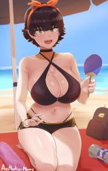 Rule 34 | 1girl, aestheticc-meme, alex (aestheticc-meme), artist name, beach, beach umbrella, bikini, black hair, breasts, choker, cleavage, collarbone, fangs, green eyes, highres, huge breasts, kneeling, lap pillow invitation, looking at viewer, mole, mole on breast, mole on thigh, mole under eye, navel, open mouth, original, short hair, shorts, sky, smile, solo, stomach, swimsuit, thighs, tomboy, umbrella, water