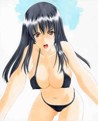 Rule 34 | 1girl, bikini, black bikini, black hair, blush, breasts, brown eyes, character request, cleavage, cloud, copyright request, female focus, from below, large breasts, long hair, looking at viewer, outdoors, sky, solo, swimsuit, tayun (artist), white background