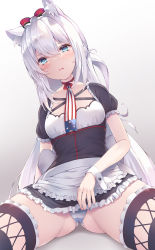 Rule 34 | 1girl, animal ears, apron, azur lane, black dress, blue eyes, blush, bow, breasts, cat ears, closed mouth, commentary request, dress, fang, fang out, frilled apron, frilled dress, frilled sleeves, frills, gluteal fold, gradient background, grey background, hair between eyes, hair bow, hammann (azur lane), highres, long hair, looking at viewer, nakazawa aki, panties, puffy short sleeves, puffy sleeves, red bow, short sleeves, sitting, small breasts, solo, spread legs, striped clothes, striped panties, underwear, very long hair, waist apron, white apron, white background, white hair