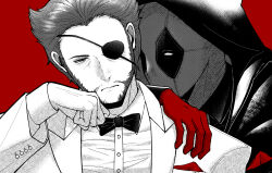 2boys animification beard bow bowtie buttons closed_mouth commentary_request deadpool deadpool_&amp;_wolverine deadpool_(series) doghooouse dress_shirt eyepatch facial_hair formal_clothes gloves hand_on_another&#039;s_shoulder head_rest highres hood hood_up jacket long_sleeves looking_at_another male_focus marvel marvel_cinematic_universe mask multiple_boys patch_(wolverine) red_background red_gloves shirt short_hair suit wolverine_(x-men) x-men yaoi