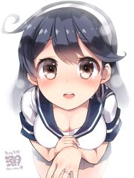 Rule 34 | 10s, 1girl, 2015, ahoge, bad id, bad pixiv id, black hair, blush, breasts, bright background, brown eyes, character name, cleavage, crying, crying with eyes open, dated, from above, hairband, happy, happy tears, highres, jewelry, kantai collection, kuro chairo no neko, large breasts, long hair, looking at viewer, looking up, miniskirt, open mouth, ring, round teeth, school uniform, serafuku, short sleeves, skirt, solo, sparkle, tears, teeth, twitter username, ushio (kancolle), ushio kai ni (kancolle), wedding band, white background