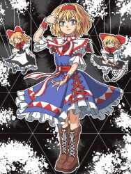 Rule 34 | 1girl, aksawshin, alice margatroid, apron, ascot, blonde hair, blue dress, blue eyes, book, boots, bow, breasts, brown footwear, capelet, cross-laced footwear, doll, dress, frilled ascot, frilled dress, frilled hairband, frills, grey dress, grimoire, hair bow, hairband, jewelry, lolita hairband, puffy short sleeves, puffy sleeves, puppet, puppet rings, puppet strings, red ascot, red bow, red hairband, ring, serious, shanghai doll, short hair, short sleeves, small breasts, solo, touhou, v-shaped eyebrows, white capelet, wrist cuffs