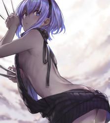 Rule 34 | 1girl, :o, alternate costume, ass, back, backless outfit, backlighting, bare arms, bare back, bare shoulders, between fingers, black ribbon, black sweater, blush, breasts, butt crack, cloud, cowboy shot, dark-skinned female, dark skin, fate/grand order, fate/prototype, fate/prototype: fragments of blue and silver, fate (series), from behind, from below, hair between eyes, hassan of serenity (fate), holding, holding knife, holding weapon, knife, knives between fingers, leaning forward, looking at viewer, looking back, medium breasts, meme attire, naked sweater, no bra, no panties, open mouth, outdoors, purple eyes, purple hair, ribbon, shirabi, short hair, sideboob, sleeveless, solo, sweater, turtleneck, turtleneck sweater, virgin killer sweater, weapon