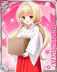 Rule 34 | 1girl, alternate costume, blonde hair, bow, card, character name, girlfriend (kari), headband, japanese clothes, kimono, miko, nishino ayane, official art, open mouth, pink background, qp:flapper, red eyes, smile, solo, standing, tagme, twintails, white kimono