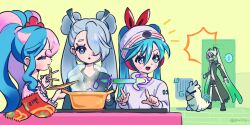 Rule 34 | 4girls, alternate costume, armband, beanie, bird, blue eyes, blue hair, chopsticks, collared shirt, commentary request, cooking, cooking pot, creatures (company), curly hair, double bun, eating, fairy miku (project voltage), fighting miku (project voltage), flower, flying miku (project voltage), game freak, gen 8 pokemon, gradient hair, green armband, hair between eyes, hair bun, hair flower, hair ornament, hair over one eye, hair ribbon, hands up, hat, hatsune miku, headphones, highres, holding, holding chopsticks, index finger raised, indoors, korean commentary, korean text, long hair, long sleeves, looking at another, multicolored hair, multiple girls, necktie, nintendo, notice lines, open mouth, phaysungyen, pink hair, pokemon, pokemon (creature), project voltage, psychic, psychic miku (project voltage), red flower, red ribbon, ribbon, shirt, sidelocks, sirfetch&#039;d, smile, speech bubble, spoken sweatdrop, spring onion, standing, steam, stove, surprised, sweatdrop, translation request, twintails, two-tone hair, upper body, very long hair, vocaloid, white hair, white headwear, white necktie, white shirt