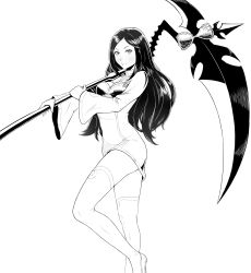 Rule 34 | 1girl, borrowed character, breasts, cheshirrr, closed mouth, contrapposto, dress, greyscale, highres, holding, holding scythe, holding weapon, large breasts, long hair, long sleeves, looking at viewer, monochrome, original, over shoulder, parted bangs, scythe, short dress, simple background, solo, standing, thighhighs, weapon, weapon over shoulder, white background