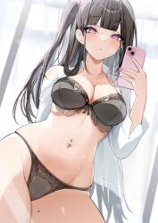 Rule 34 | 1girl, black bra, black hair, black panties, blush, bra, breasts, cellphone, cleavage, commentary request, hair ornament, hairclip, holding, holding phone, large breasts, long sleeves, luse maonang, mole, mole on thigh, navel, navel piercing, original, panties, parted lips, phone, piercing, pink eyes, pink nails, shirt, side ponytail, smartphone, solo, stomach, underwear, white shirt