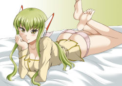 Rule 34 | 1girl, artist request, ass, barefoot, bed, butt crack, c.c., code geass, feet, female focus, green hair, long hair, looking at viewer, lying, on bed, on stomach, panties, robot ears, soles, solo, tagme, toes, underwear, yellow eyes