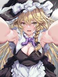 Rule 34 | 1girl, apron, armpits, black dress, blonde hair, bow, braid, breasts, cleavage, detached collar, dress, frilled dress, frilled shirt collar, frills, hair bow, hat, hat bow, kaeranu kaeru, kirisame marisa, large breasts, long hair, outstretched arms, side braid, simple background, single braid, sleeveless, solo, touhou, waist apron, white background, white bow, witch hat, yellow eyes