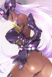 Rule 34 | 1girl, akinaie, ass, bare shoulders, black leotard, black thighhighs, breasts, covered erect nipples, curvy, dark-skinned female, dark skin, elbow gloves, female focus, from behind, gloves, glowing, headgear, huge ass, large breasts, leotard, light purple hair, lips, long hair, nintendo, parted lips, partially visible vulva, shiny clothes, shiny skin, smile, solo, standing, t-elos, teeth, thighhighs, xenoblade chronicles (series), xenoblade chronicles 2, xenosaga, xenosaga episode iii