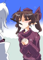 Rule 34 | 2girls, alternate costume, blush, brown hair, closed eyes, female focus, food, own hands clasped, hat, himekaidou hatate, imminent kiss, inubashiri momiji, kieyza, multiple girls, own hands together, pocky, pointy ears, ribbed sweater, sweater, tokin hat, touhou, twintails
